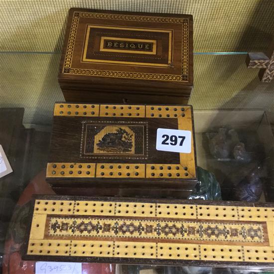 Tunbridge Ware - Bezique box & 2 cribbage boards